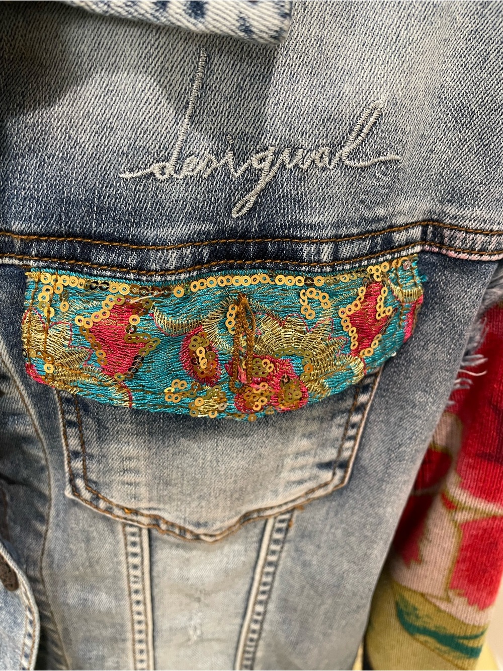 Desigual Chaq Ethnic Mixed Media Denim Jacket Knit Sleeves Size 44 US 12 - Picture 3 of 10